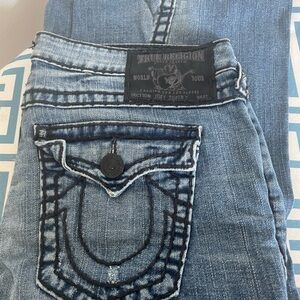 True Religion Women's Distressed Blue Flare Jeans